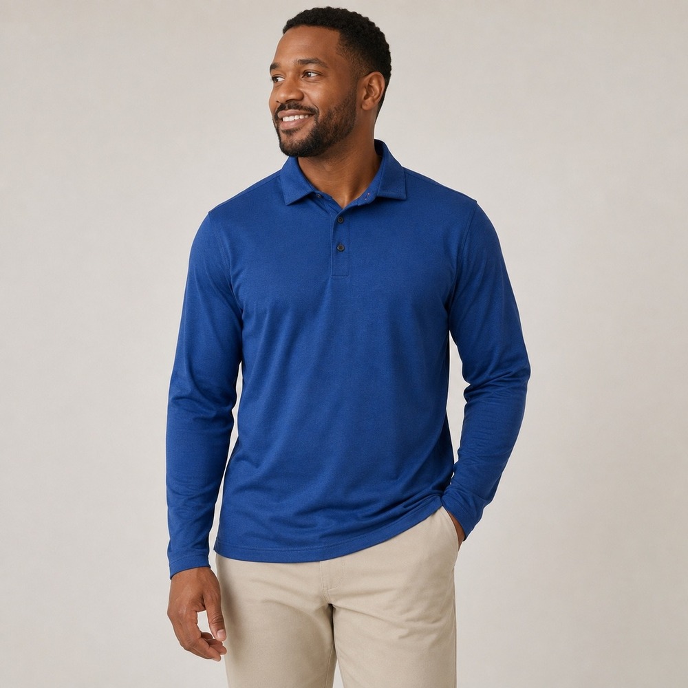 KJUS Scot Polo Long Sleeve Shirt Comfort Fit Mens L Blue UPF 50 Golf Active NWT